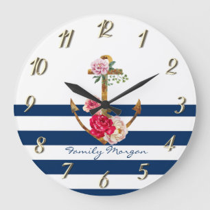 Grande Horloge Ronde Nautique, Fleurs d'ancre Rayures Bleu marine