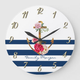 Grande Horloge Ronde Nautique, Fleurs d'Ancres Bleu de marine