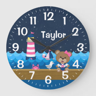 Grande Horloge Ronde Nautique ours rose et marine