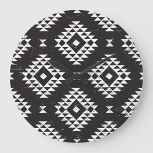 Grande Horloge Ronde Navajo Géométrique : Tribal Blanc Noir.