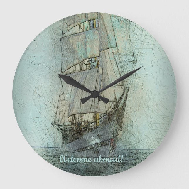 Grande Horloge Ronde Navire classique nautique (bleu) (Recto)
