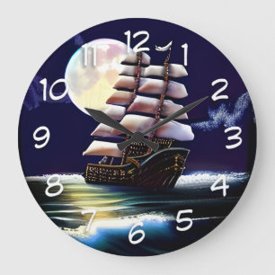 Grande Horloge Ronde Navire illuminé sur l'océan sous la lune