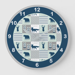 Grande Horloge Ronde Navy Blue, Mint Green Woodland Animals