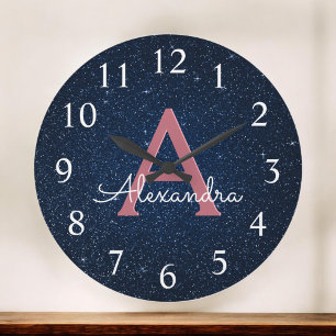 Grande Horloge Ronde Navy Blue & Rose Gold Sparkle Glitter Monogram