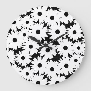Grande Horloge Ronde Négative Space Daisées blanc sur noir