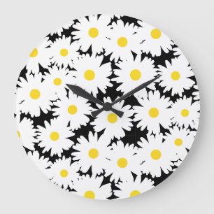 Grande Horloge Ronde Négative Space Daisies blanc jaune sur noir