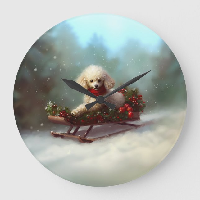 Grande Horloge Ronde Neige de Noël caniche hiver (Recto)