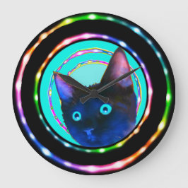 GRANDE HORLOGE RONDE NEON RAVE CRAZY KITTY CLOCK !