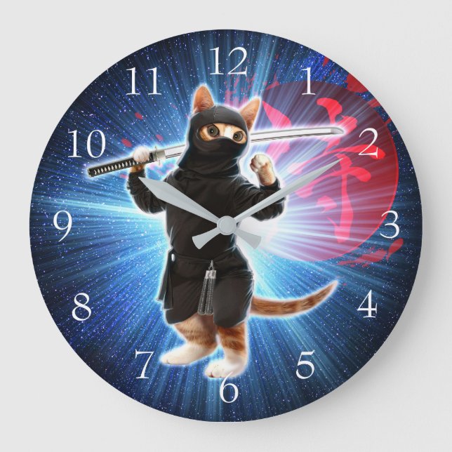 Grande Horloge Ronde Ninja Chat dans l'espace. (Recto)