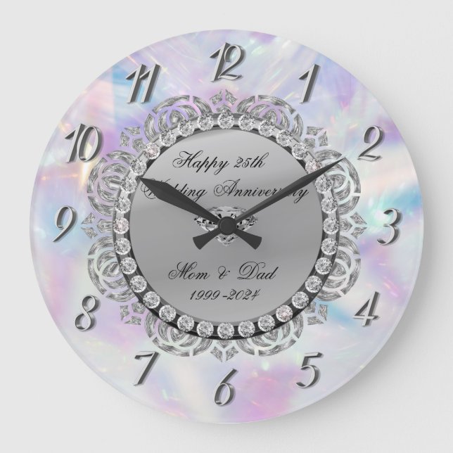 Grande Horloge Ronde Noces de Diamants Holographiques Argentés 25ème An (Recto)