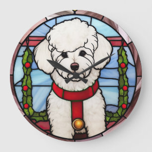 Grande Horloge Ronde Noël Bichon Frise en verre tendu