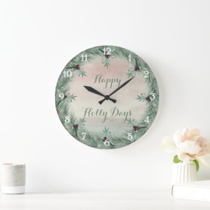 Grande Horloge Ronde Noël Bourgogne Baie de houx pin