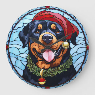 Grande Horloge Ronde Noel de verre tendu Rottweiler