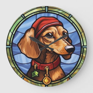 Grande Horloge Ronde Noël en verre teint Dachshund
