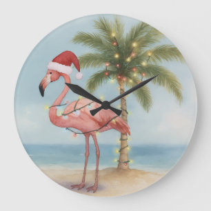 Grande Horloge Ronde Noël Flamant rose rétro