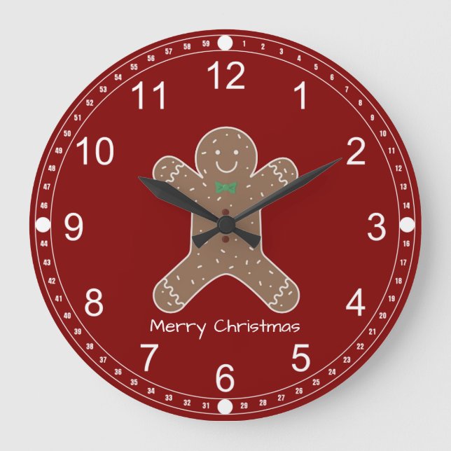 Grande Horloge Ronde Noël Homme en pain d'épices en rouge Joyeux Noël (Recto)