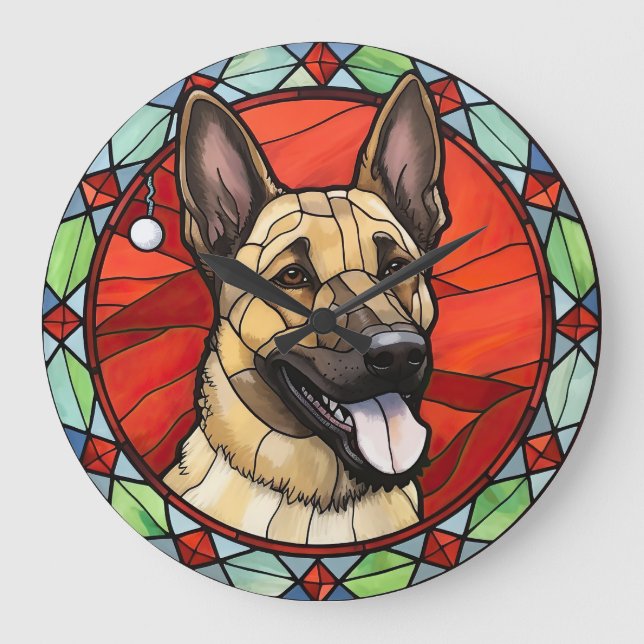 Grande Horloge Ronde Noël Malinois Belge en Verre (Recto)