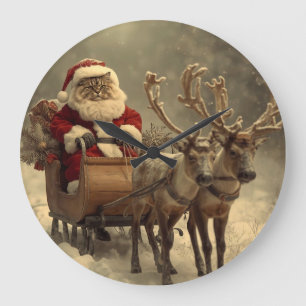 Grande Horloge Ronde Noël Père Noël Chat Rétro Vintage Hiver Renne