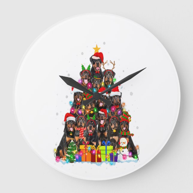 Grande Horloge Ronde noël pyjama rottweiler arbre Noël cadeaux (Recto)