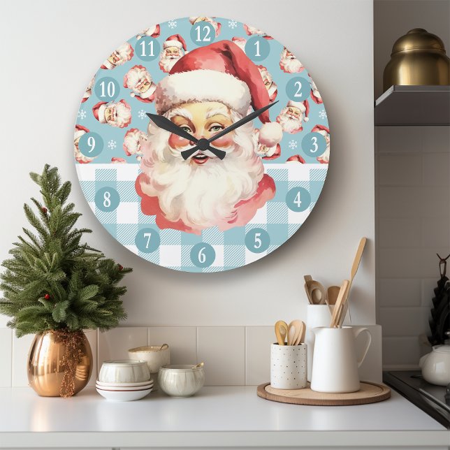 Grande Horloge Ronde Noël Rétro Père Noël Bleu Et Blanc Plaid (Créateur téléchargé)