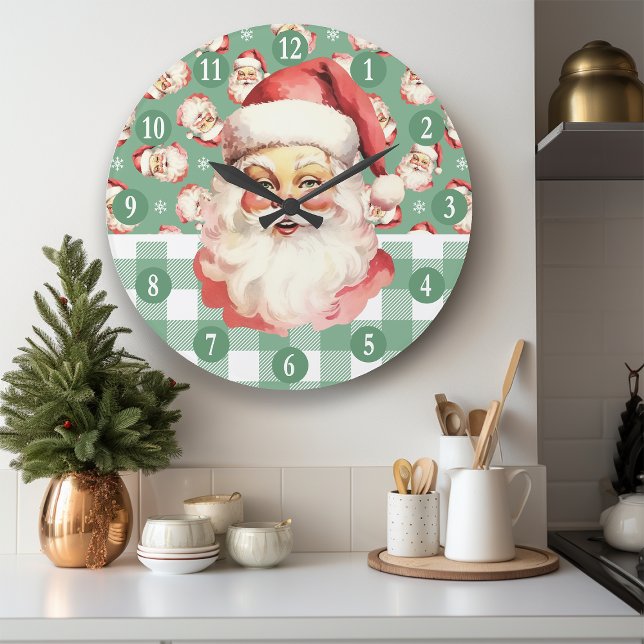 Grande Horloge Ronde Noël Vert et Blanc Plaid Retro Santa Claus (Créateur téléchargé)