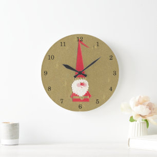 Grande Horloge Ronde Noël vintage, joli gnome Père Noël sur fond doré