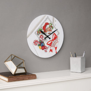 Grande Horloge Ronde Noël vintage, Père Noël avec cannes de bonbon