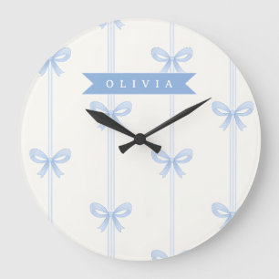 Grande Horloge Ronde Nœud Bleu Personnalisé Coquette Nom Esthétique