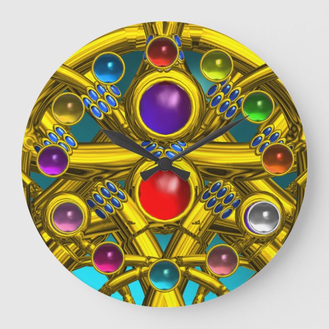 GRANDE HORLOGE RONDE NOEUDS CELTIQUES D'OR ABSTRAITS AVEC PIERRES COLOR (Recto)
