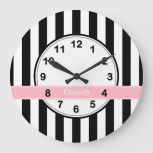 Grande Horloge Ronde Noir blanc bande rose Nom du ruban Monogramme