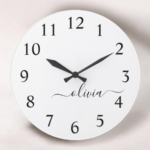 Grande Horloge Ronde Noir Blanc moderne Script Girl Monogramme Nom