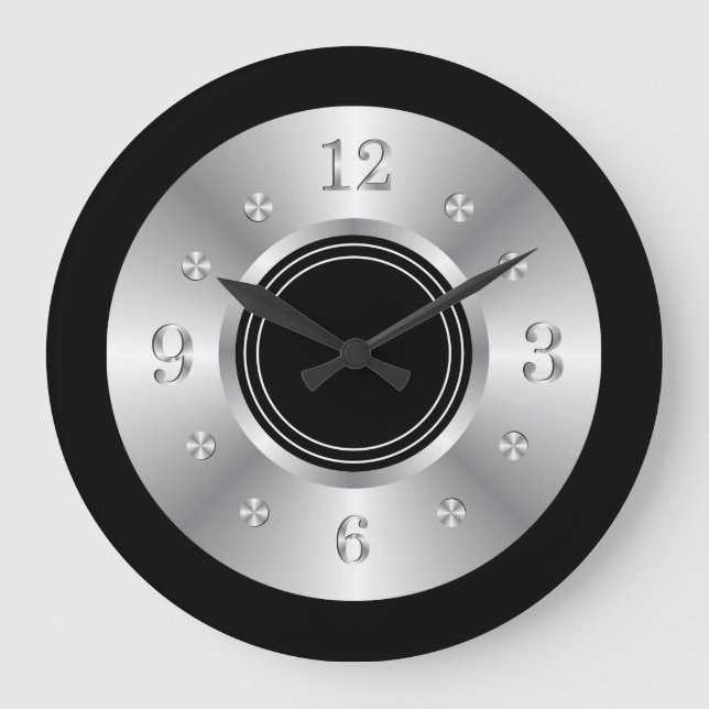 Grande Horloge Ronde Noir Et Argent À La Mode (Recto)