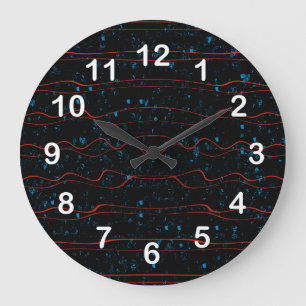 Grande Horloge Ronde Noir et bleu avec lignes rouges ondulées