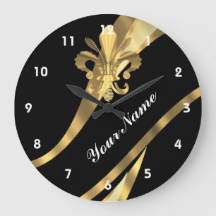Grande Horloge Ronde Noir et gold fleur de lys