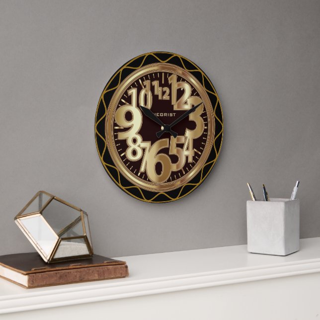 Grande Horloge Ronde Noir et Or antique Abstrait (Bureau)