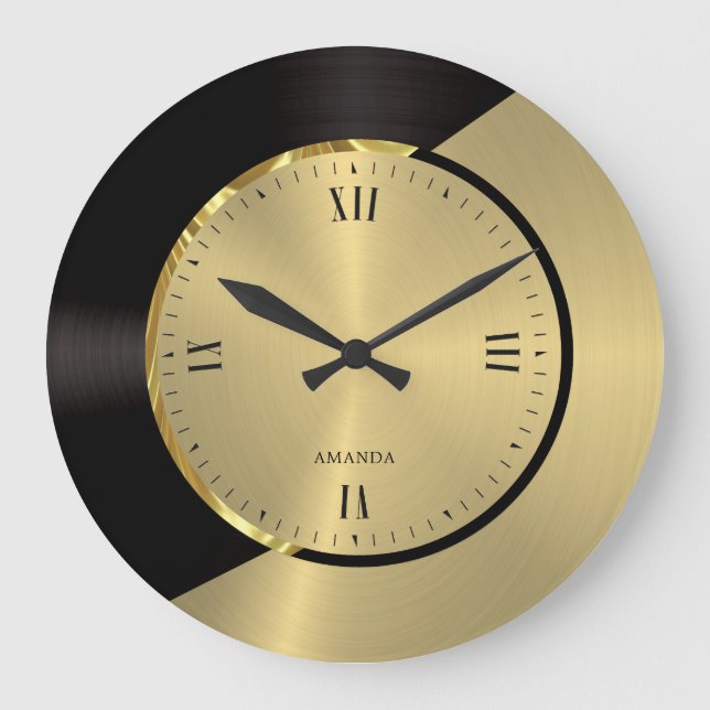 Grande Horloge Ronde Noir & Or Moderne Métallurgique Design géométrique (Recto)