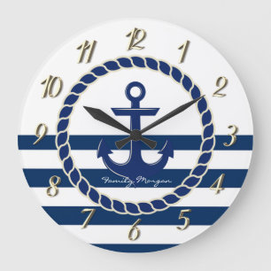 Grande Horloge Ronde Nom de bateau nautique, ancre bleu marine rayé