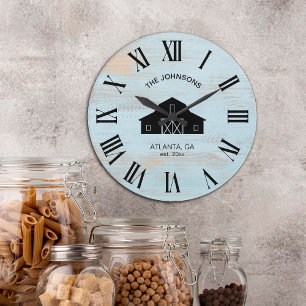 Grande Horloge Ronde Nom de famille en bardage de grange rustique vinta
