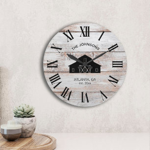 Grande Horloge Ronde Nom de famille en shiplap de grange rustique vinta
