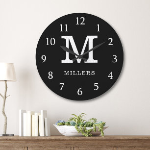 Grande Horloge Ronde Nom de famille monogramme moderne noir et blanc