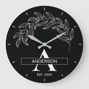 Grande Horloge Ronde Nom de famille noir et blanc monogrammé