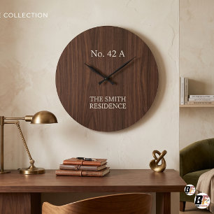 Grande Horloge Ronde Nom de famille personnalisé Grain de bois foncé Mu