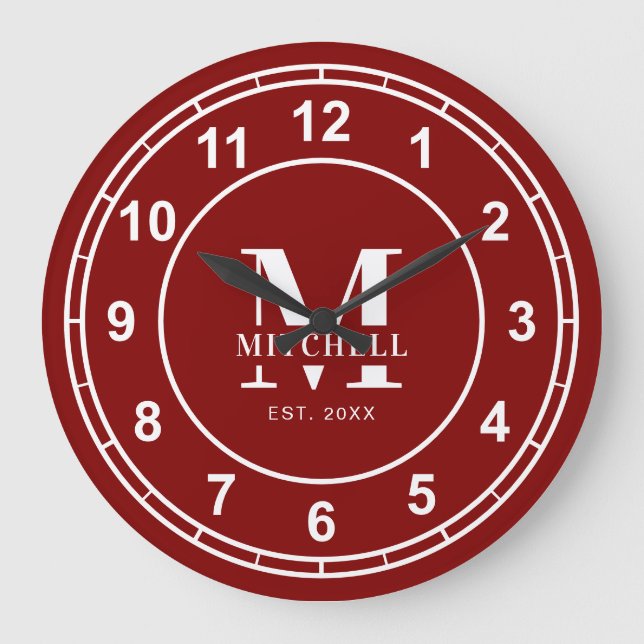 Grande Horloge Ronde Nom de famille personnalisé monogramme bordeaux él (Recto)
