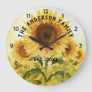 Grande Horloge Ronde Nom de famille personnalisé Tournesol Aquarelle