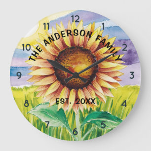 Grande Horloge Ronde Nom de famille personnalisé Tournesol Aquarelle