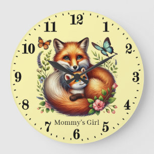 Grande Horloge Ronde Nom de la fille de maman mignonne renard ajouter
