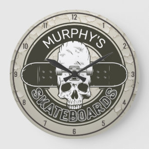 Grande Horloge Ronde NOM DE Patinage Personnalisé Skull Skateboard Skat
