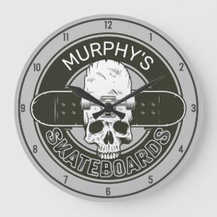 Grande Horloge Ronde NOM DE Patinage Personnalisé Skull Skateboard Skat