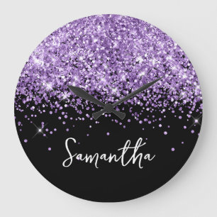 Grande Horloge Ronde Nom de script noir de Parties scintillant violet