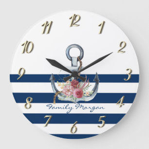 Grande Horloge Ronde  Nom du bateau, Fleurs d'Ancres Bleus de marine 